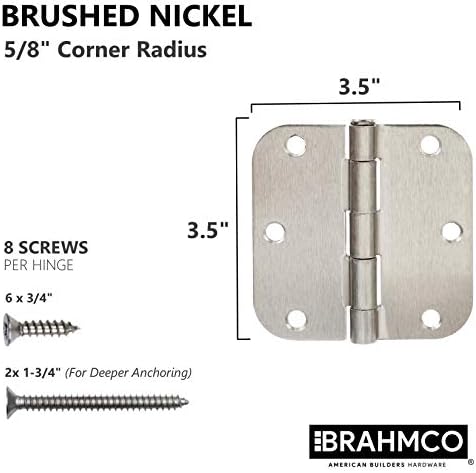 חבילה של Brahmco 18 | 3.5 אינץ 'צירי דלת ניקל סאטן: 3.5 אינץ' x 3 1/2 אינץ 'חומרת דלת פנים